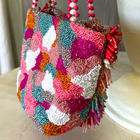 RARE Colorful Beaded Bag w/ Pearl Detail Strap, Anthropology Style, NWT - Picture 13 of 14